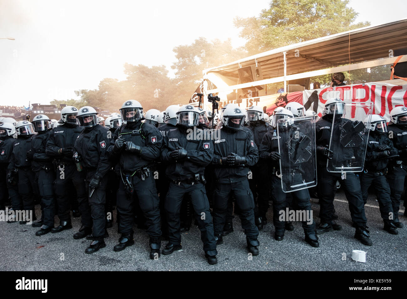 HAMBURG, JULY 6, 2017: Riot policemen during the demonstration against G20 summit in Hamburg, Germany. Stock Photo