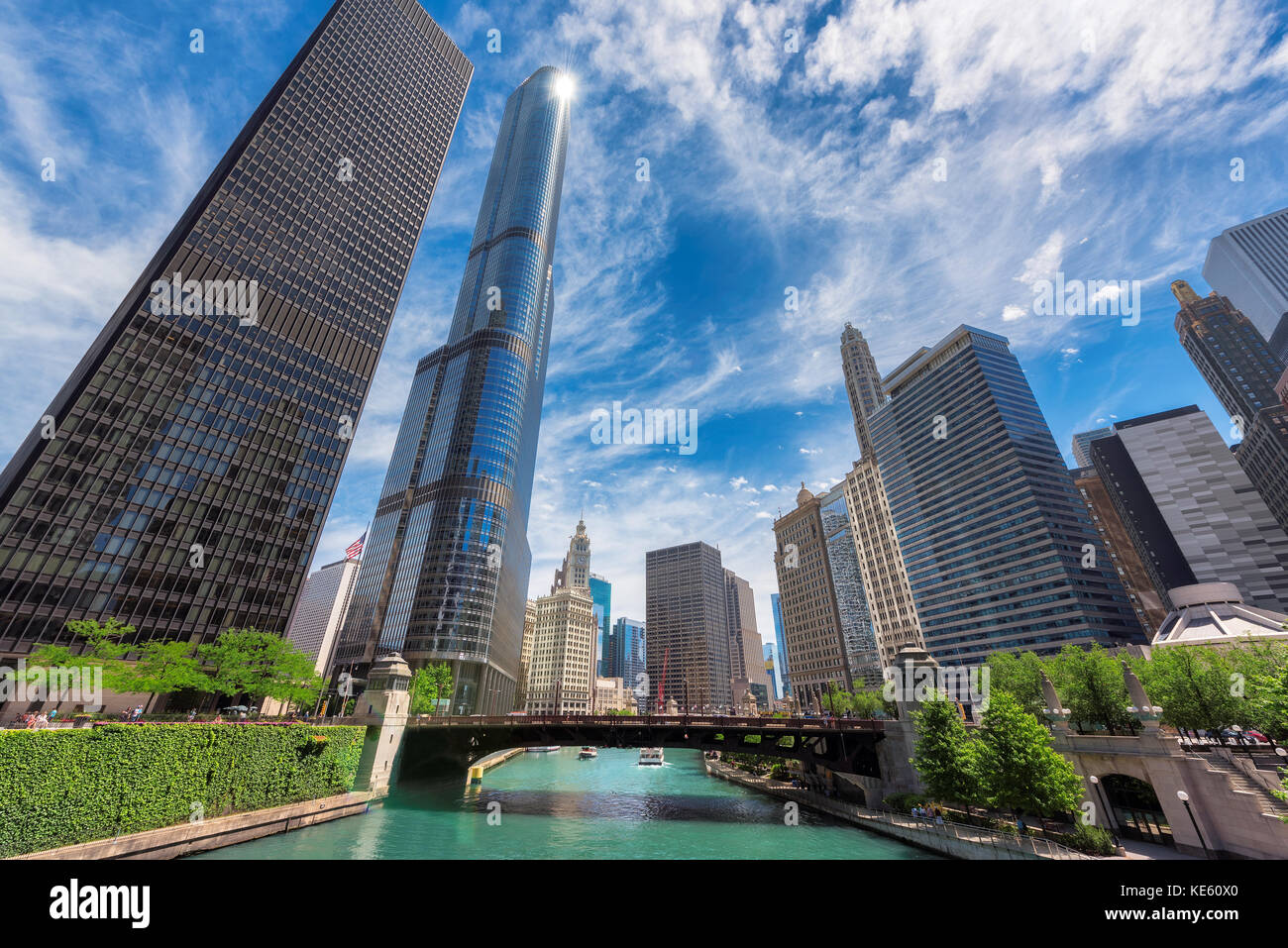 Chicago Skyline. Chicago downtown and Chicago River with bridges at sunny day Stock Photo