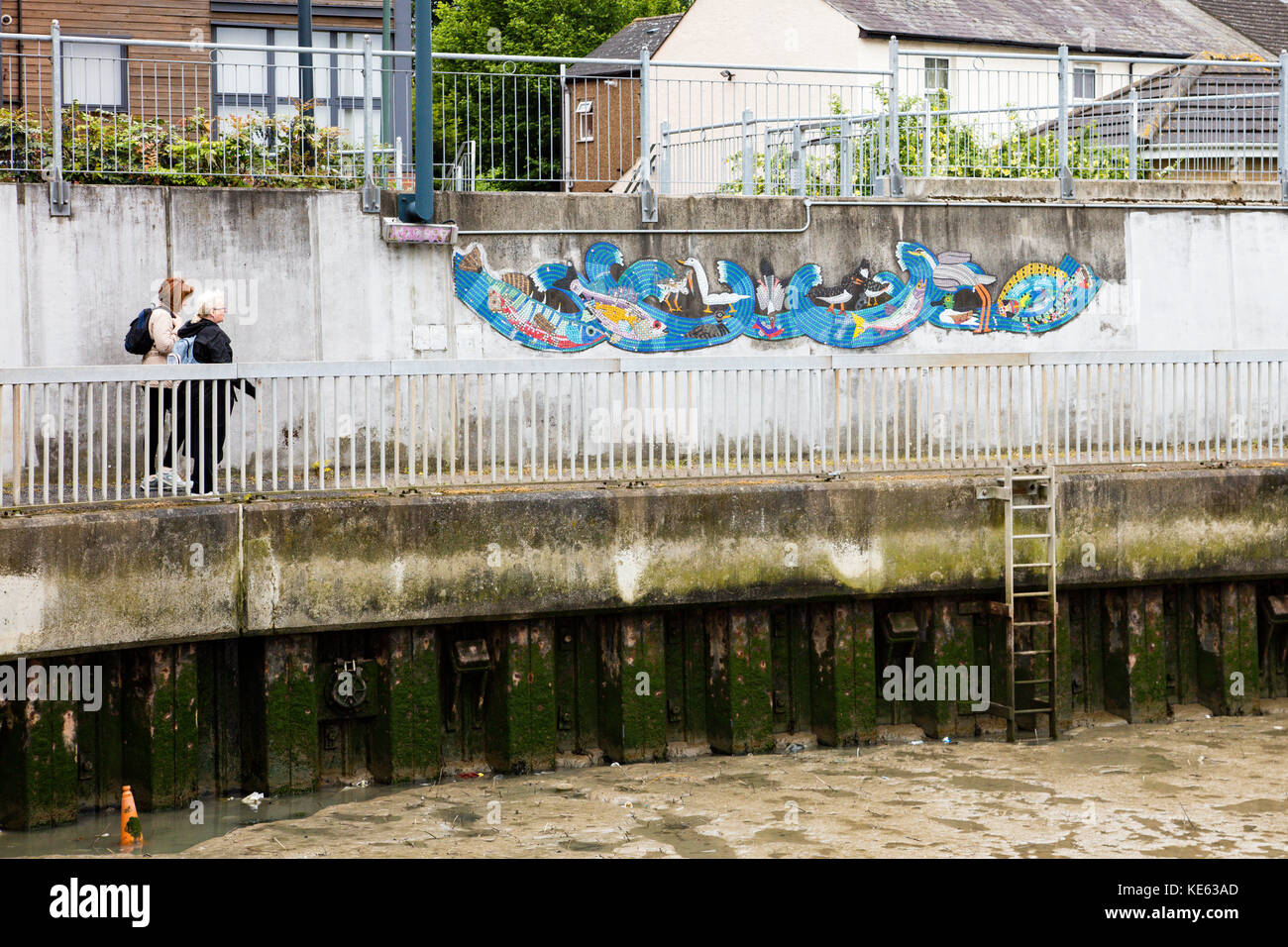 Erith Riverside Walk Two women walk along a pathway next to the River Thames at Erith ...