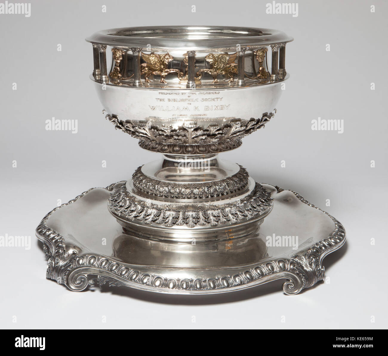 William Bixby Sterling Silver Gold Punch Bowl, Stand, Ladle, and
