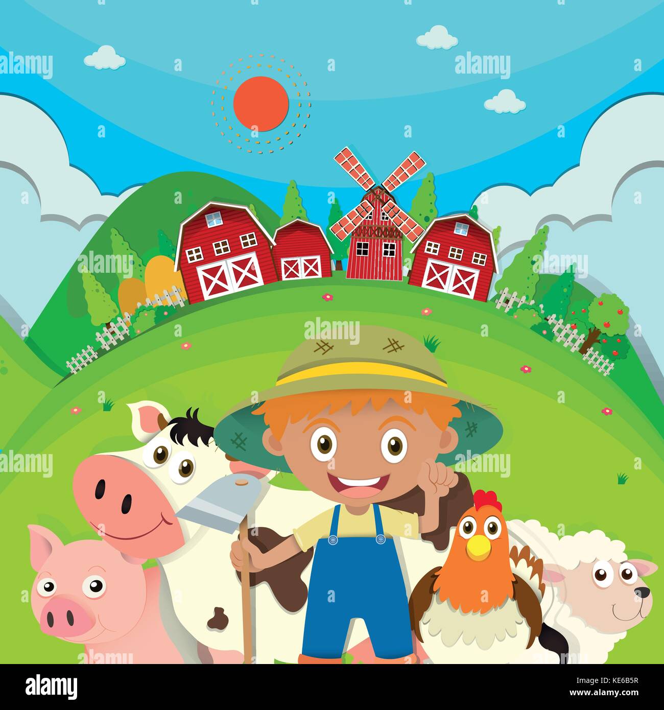 Farmer and farm animals on the farm illustration Stock Vector Image ...