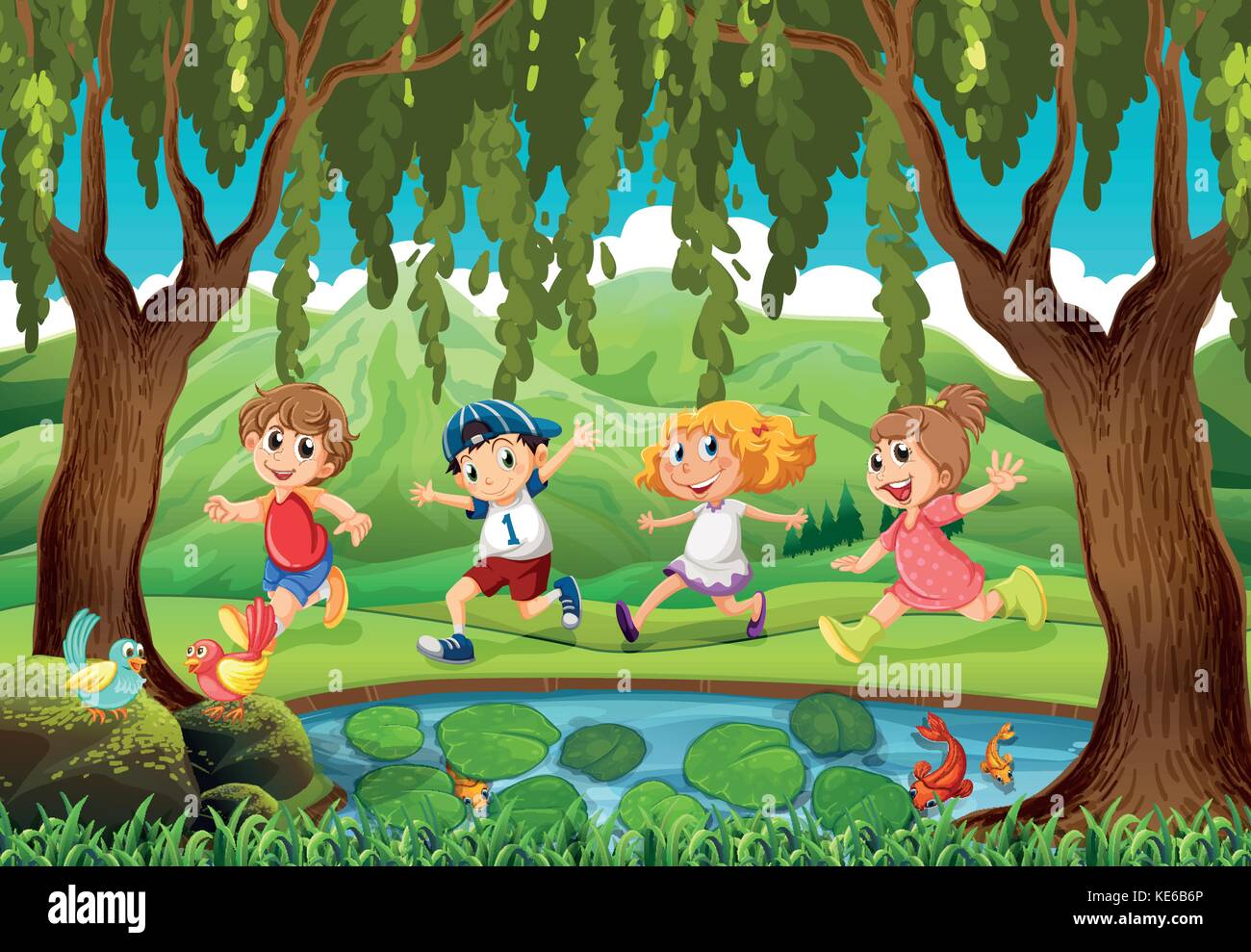 Four kids running in the park illustration Stock Vector Image & Art - Alamy