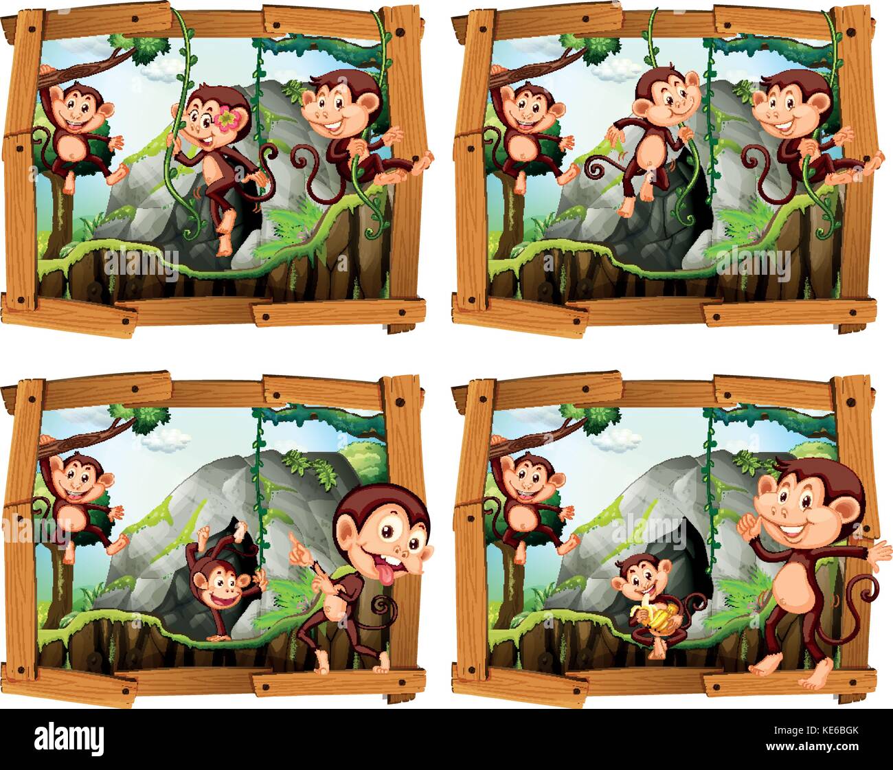 Four frames of monkeys by the cave illustration Stock Vector