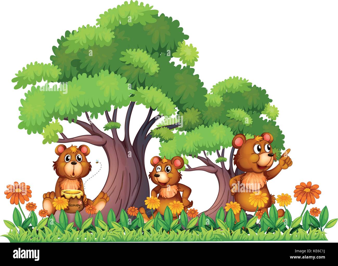 Three little bears in the garden illustration Stock Vector
