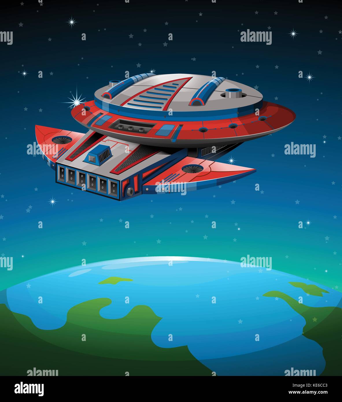 Spaceship flying over the world illustration Stock Vector