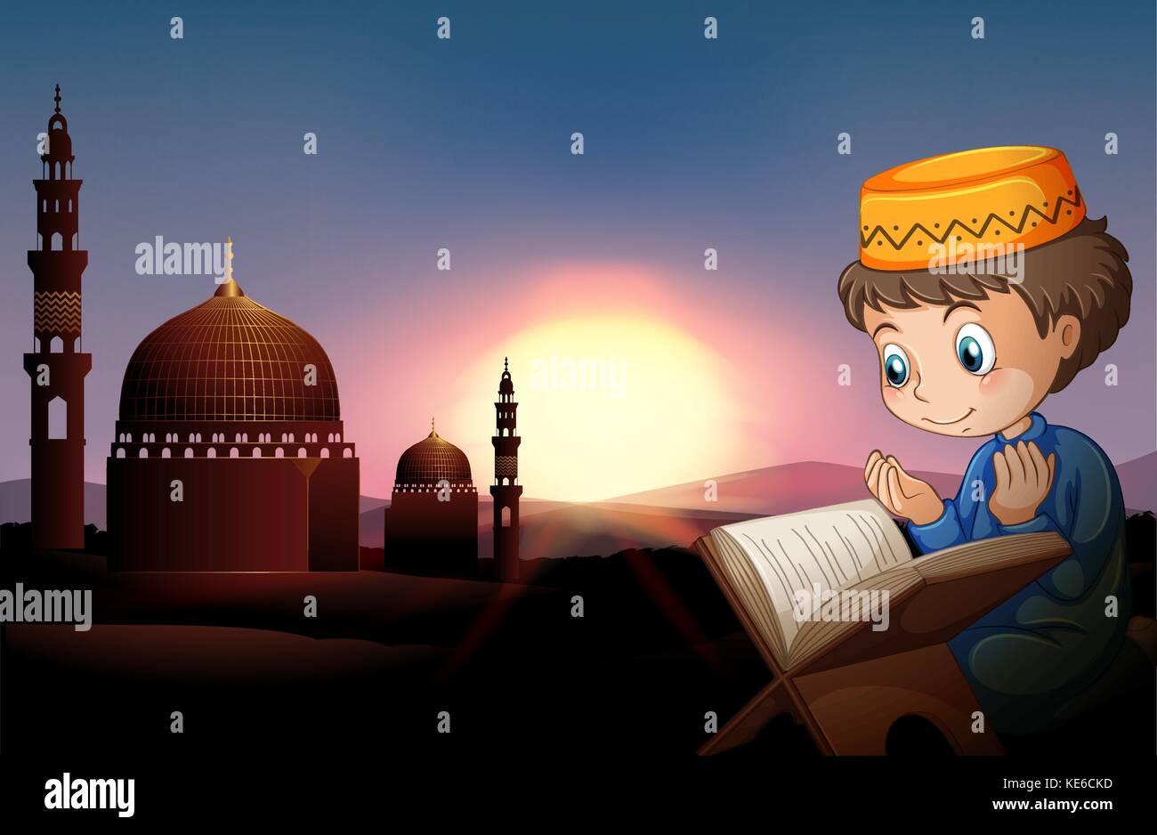 Muslim boy praying at mosque illustration Stock Vector