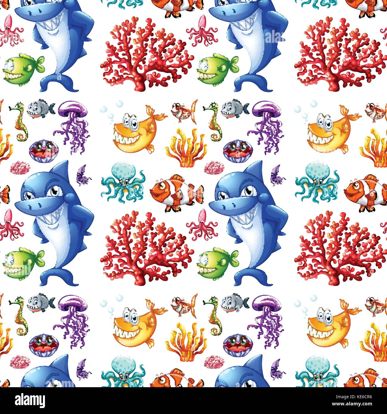 Seamless sea creatures and coral reef illustration Stock Vector