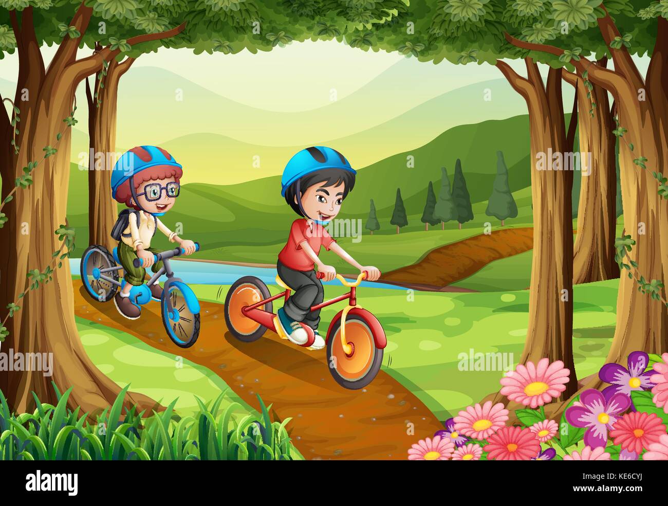 Two boys riding bicycle in the park illustration Stock Vector Image ...
