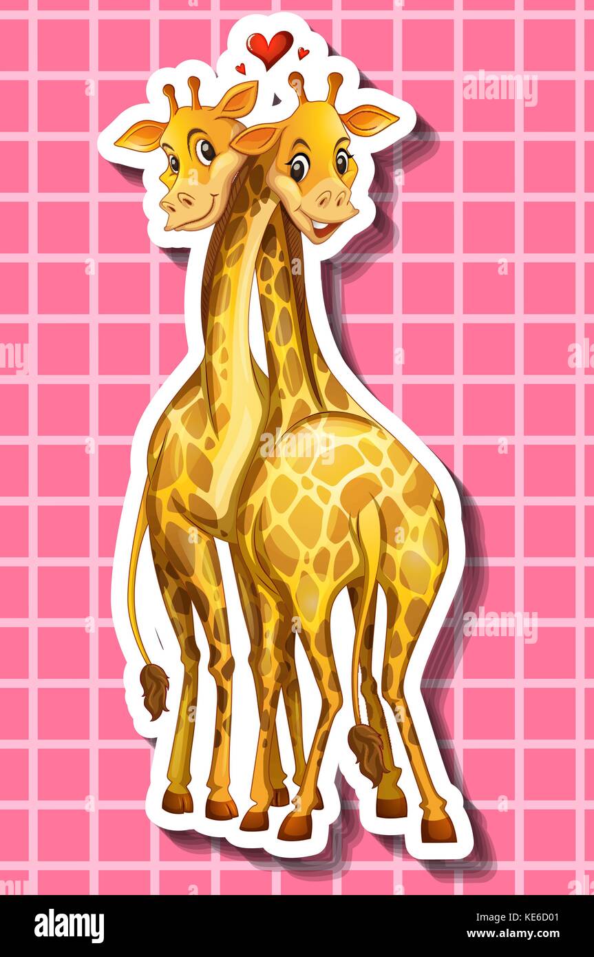 Two giraffes hugging on pink background illustration Stock Vector