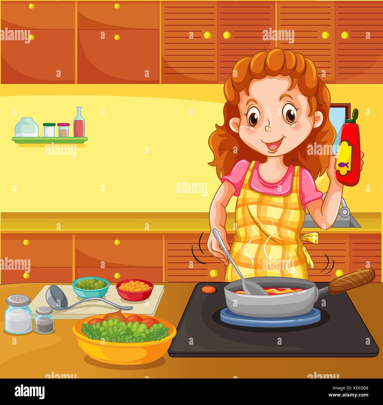 Woman cooking in kitchen illustration Stock Vector Image & Art - Alamy