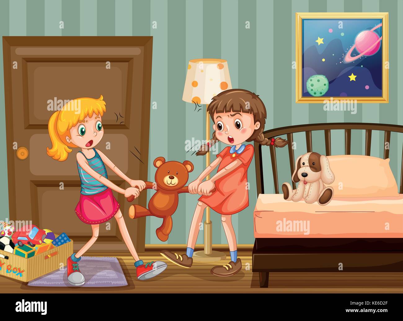 Two girls pulling teddy bear in bedroom illustration Stock Vector Image