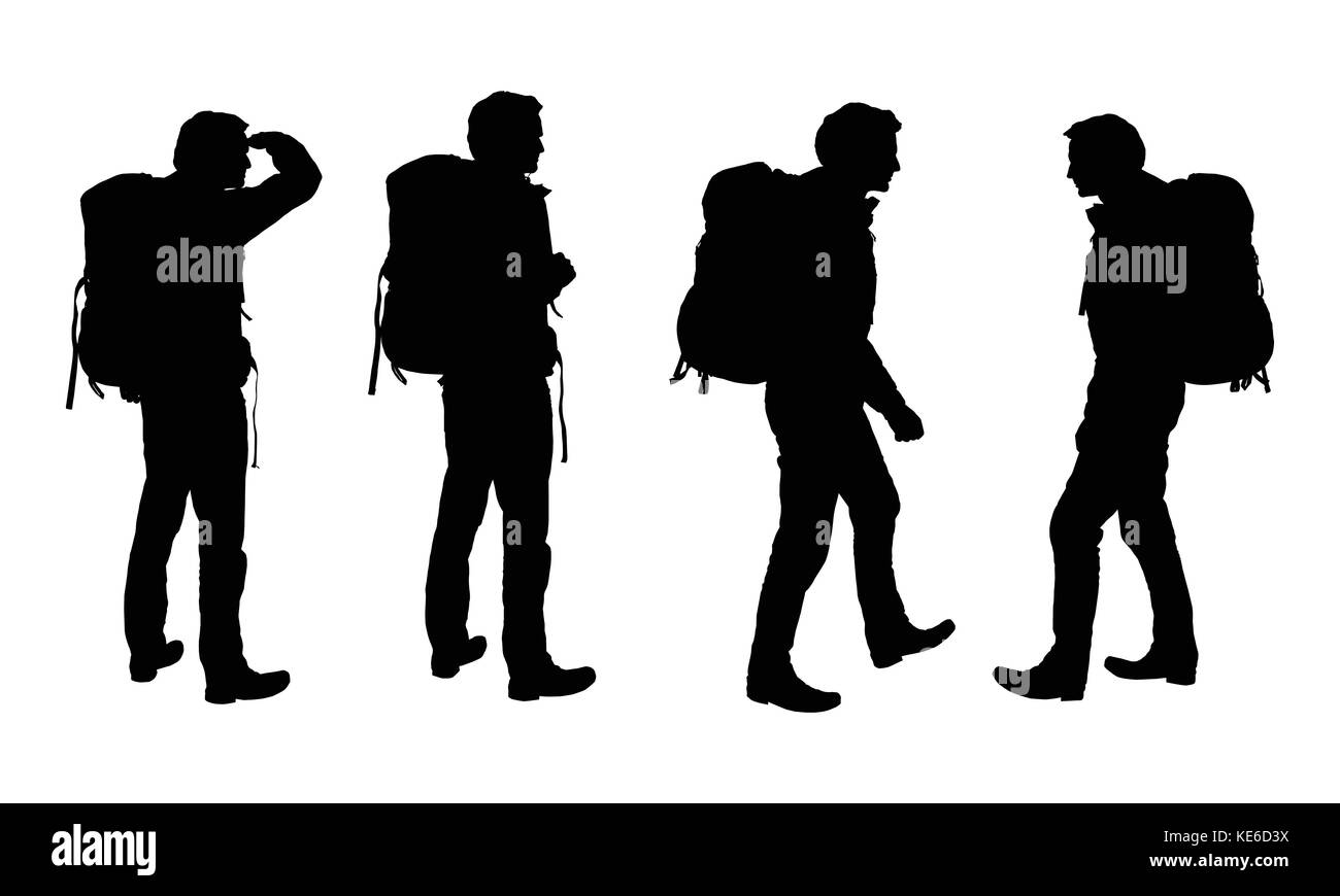 Set of realistic vector silhouettes of tourist men with backpack isolated on white background Stock Vector