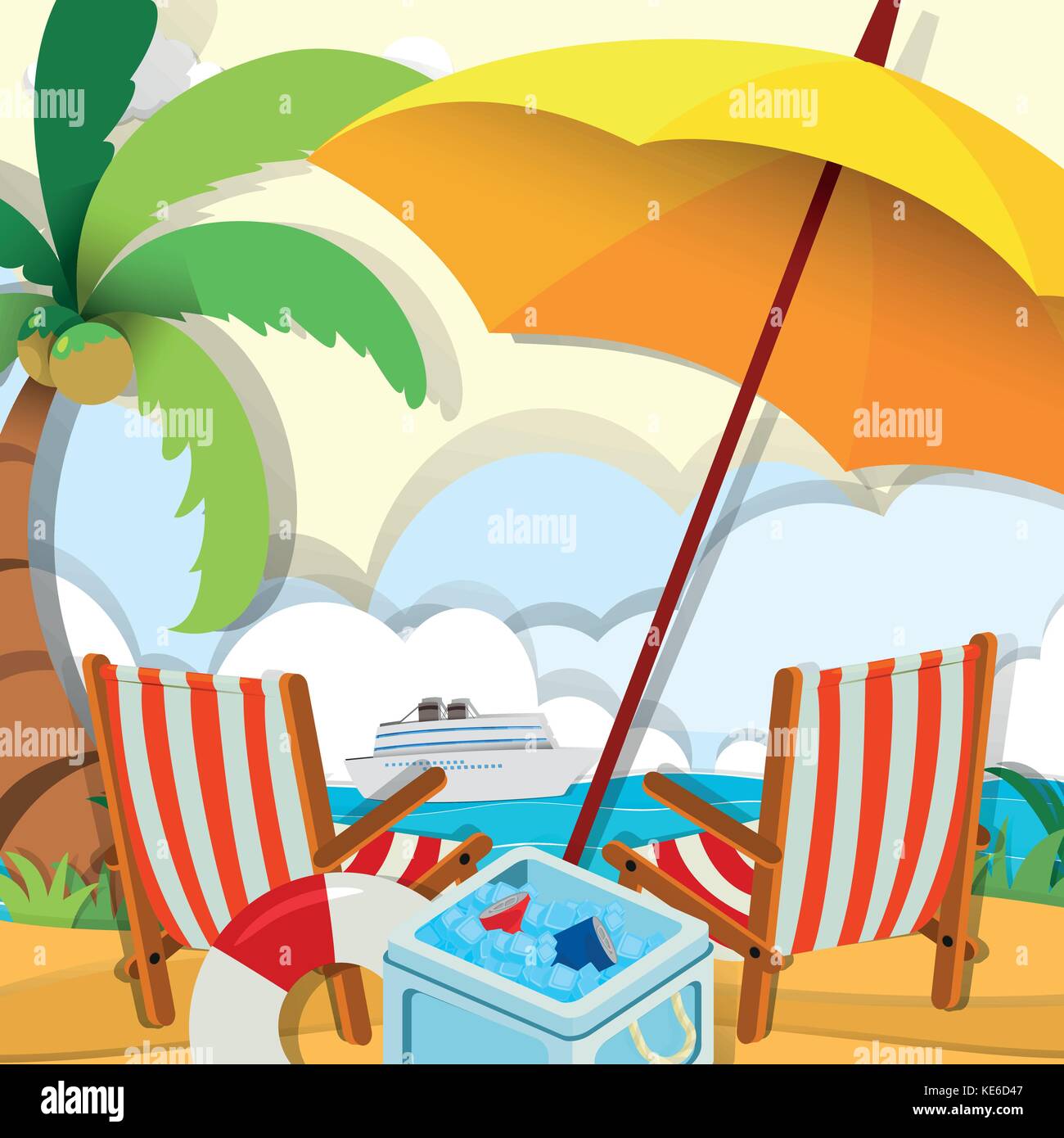 Beach scene with chairs and umbrella illustration Stock Vector Image ...