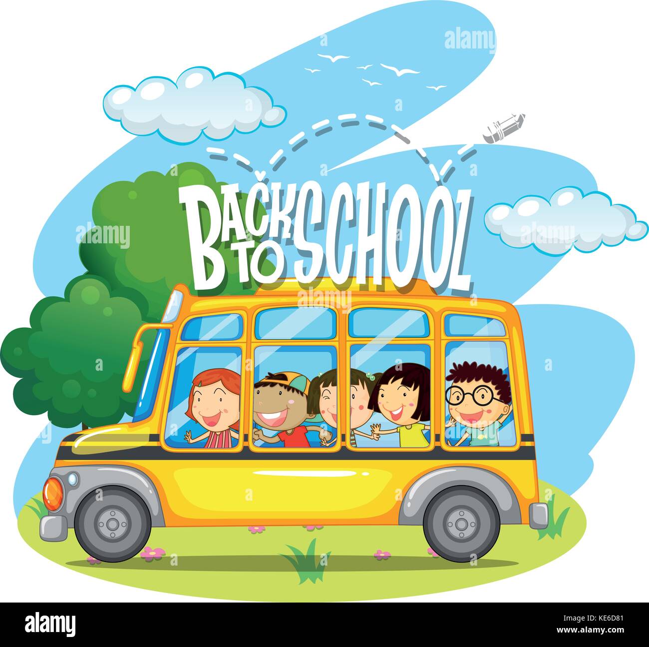 Children riding on yellow school bus illustration Stock Vector Image ...