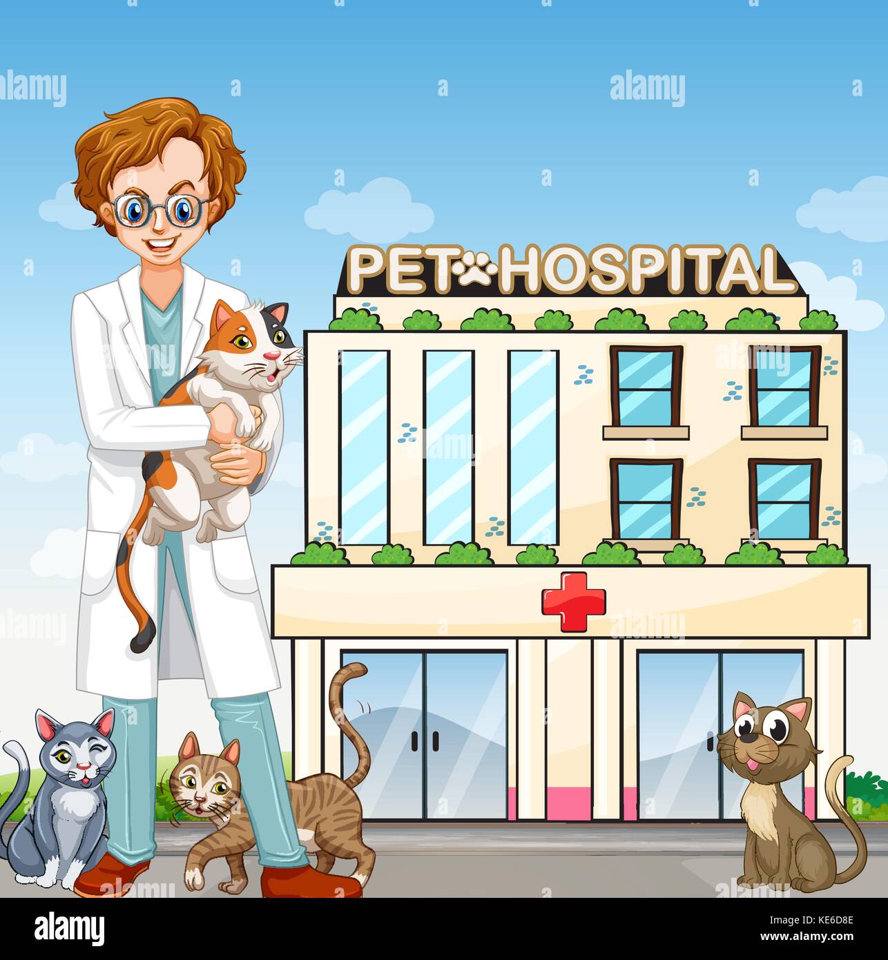 Male vet and cats at the pet hospital illustration Stock Vector Image