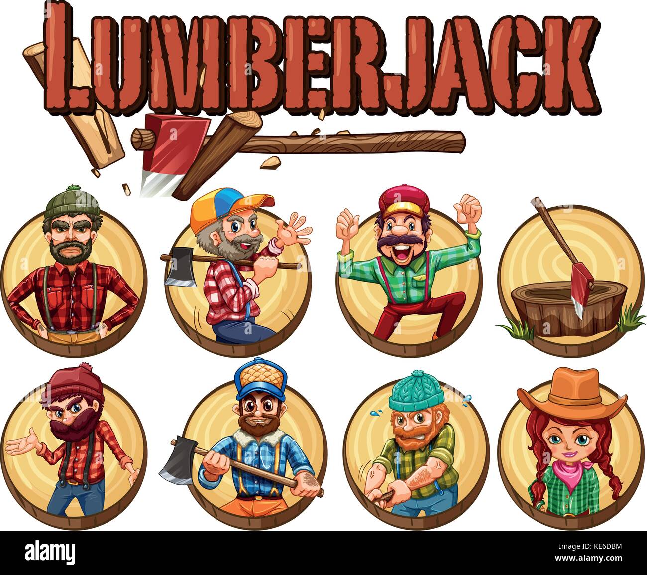 Lumber jack set on round badges illustration Stock Vector Image & Art