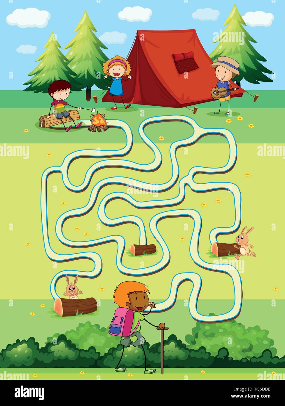 Game template with children camping in the field illustration Stock ...