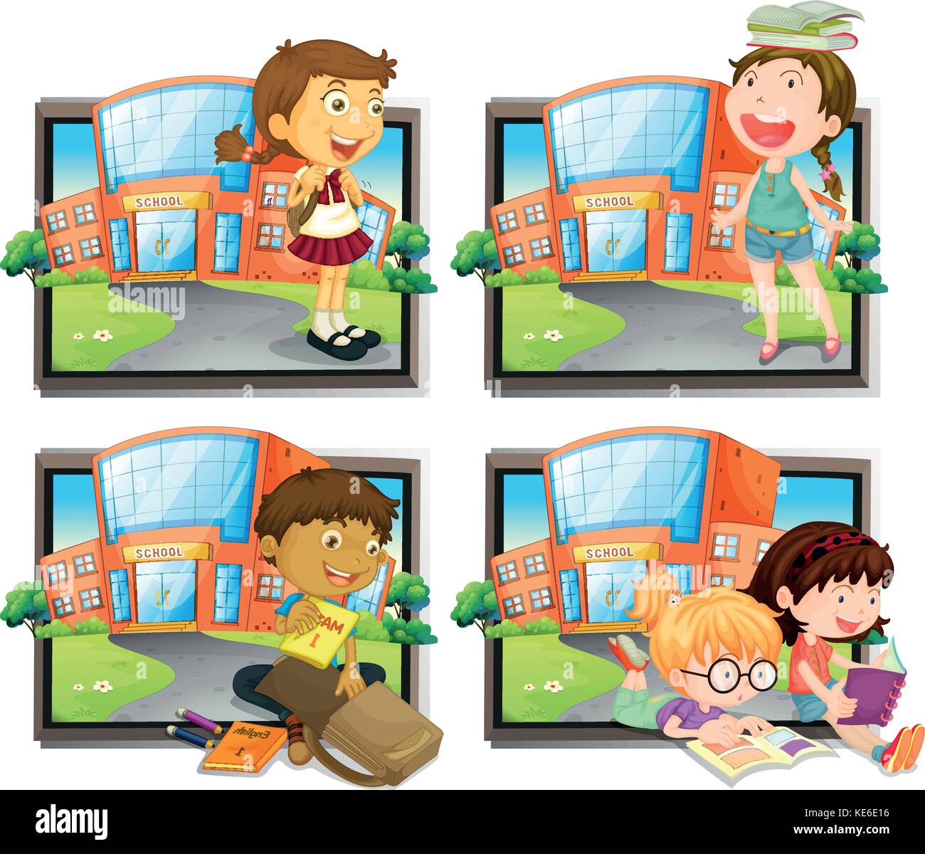 Four scenes of student at school illustration Stock Vector