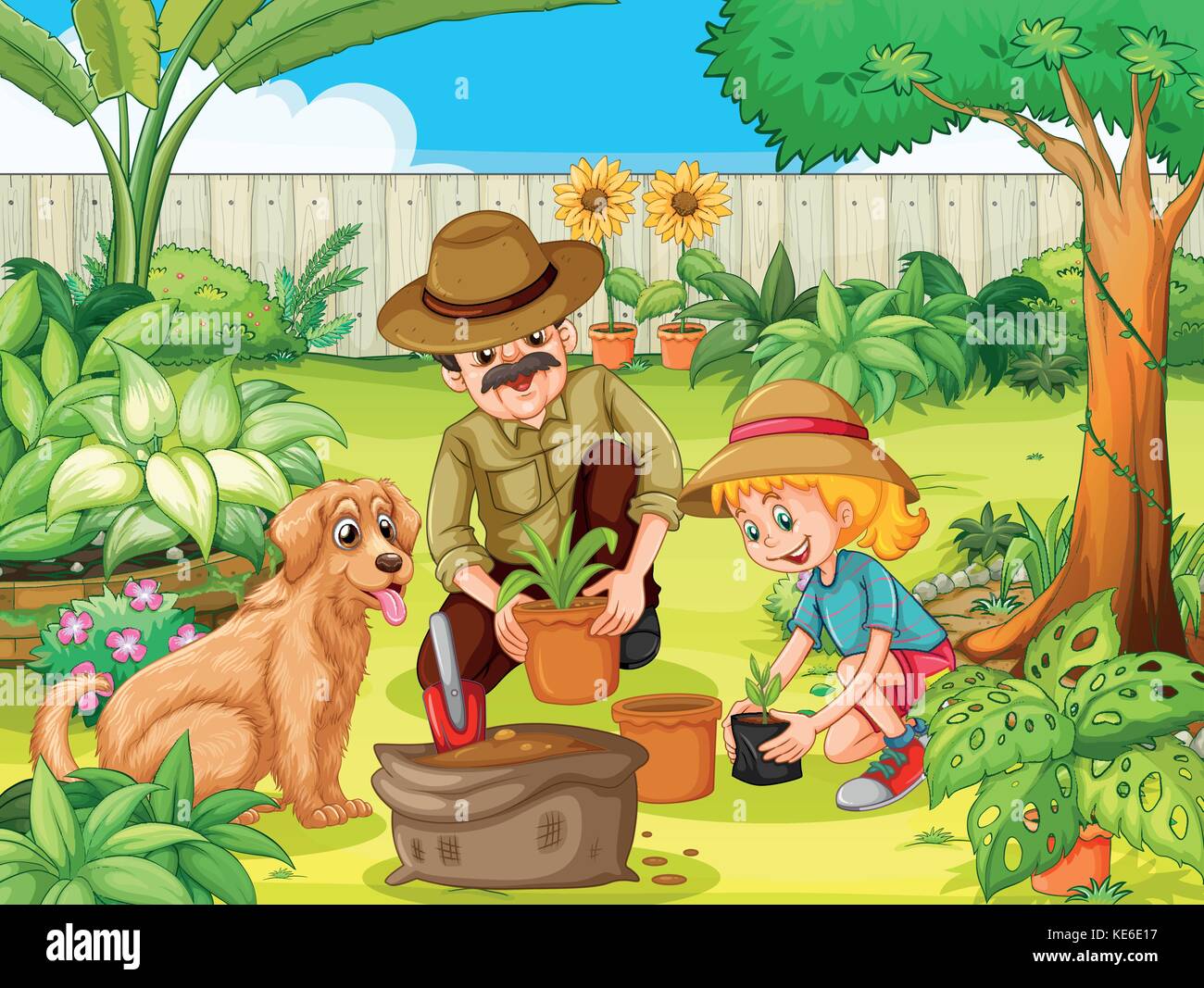 Father and daughter planting tree in garden illustration Stock Vector ...