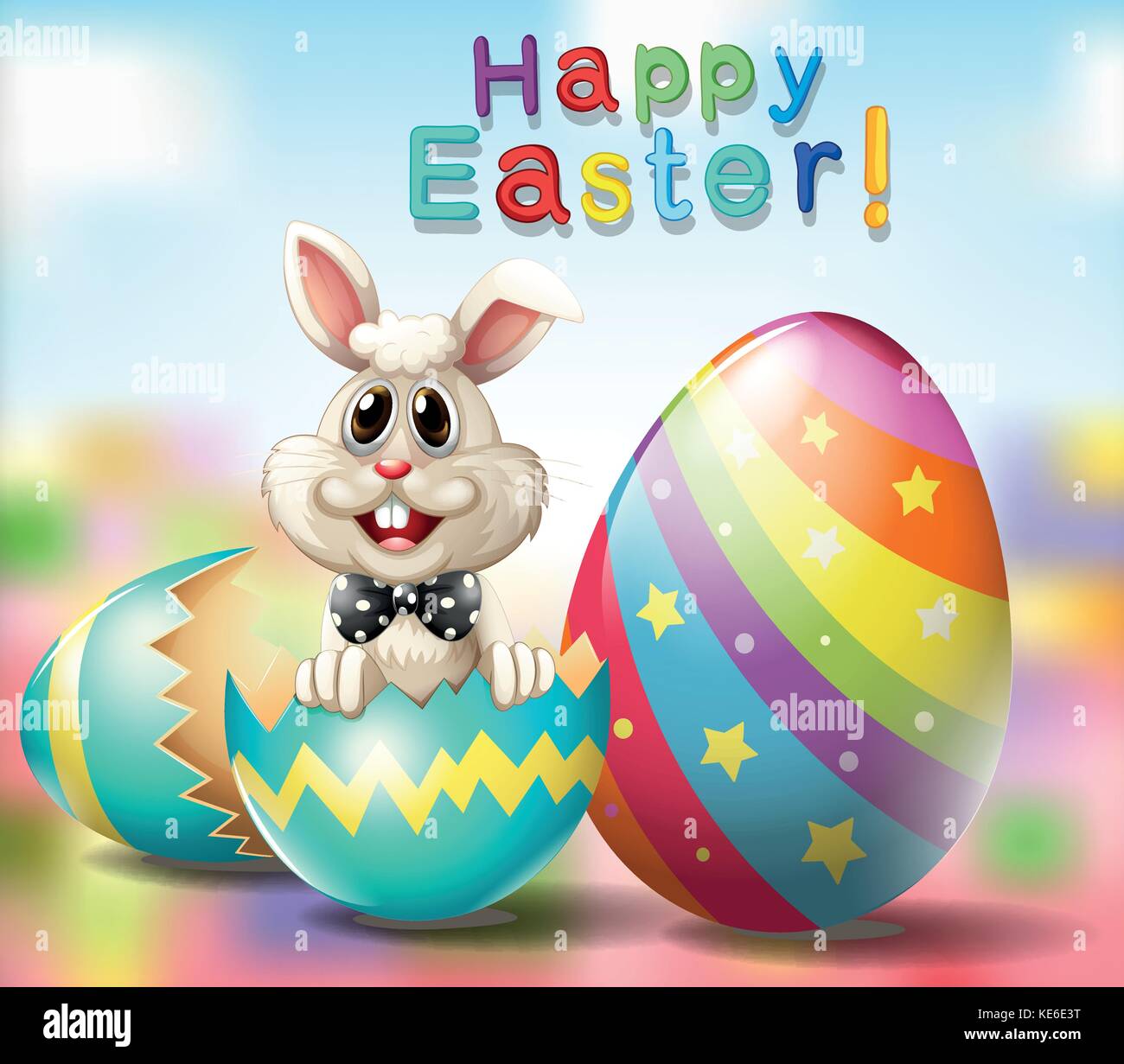 Happy Easter poster with bunny and rainbow eggs illustration Stock ...