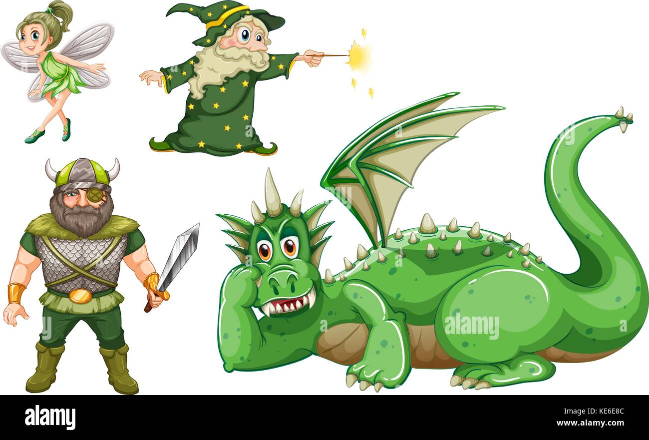 Fairy tale characters in green illustration Stock Vector