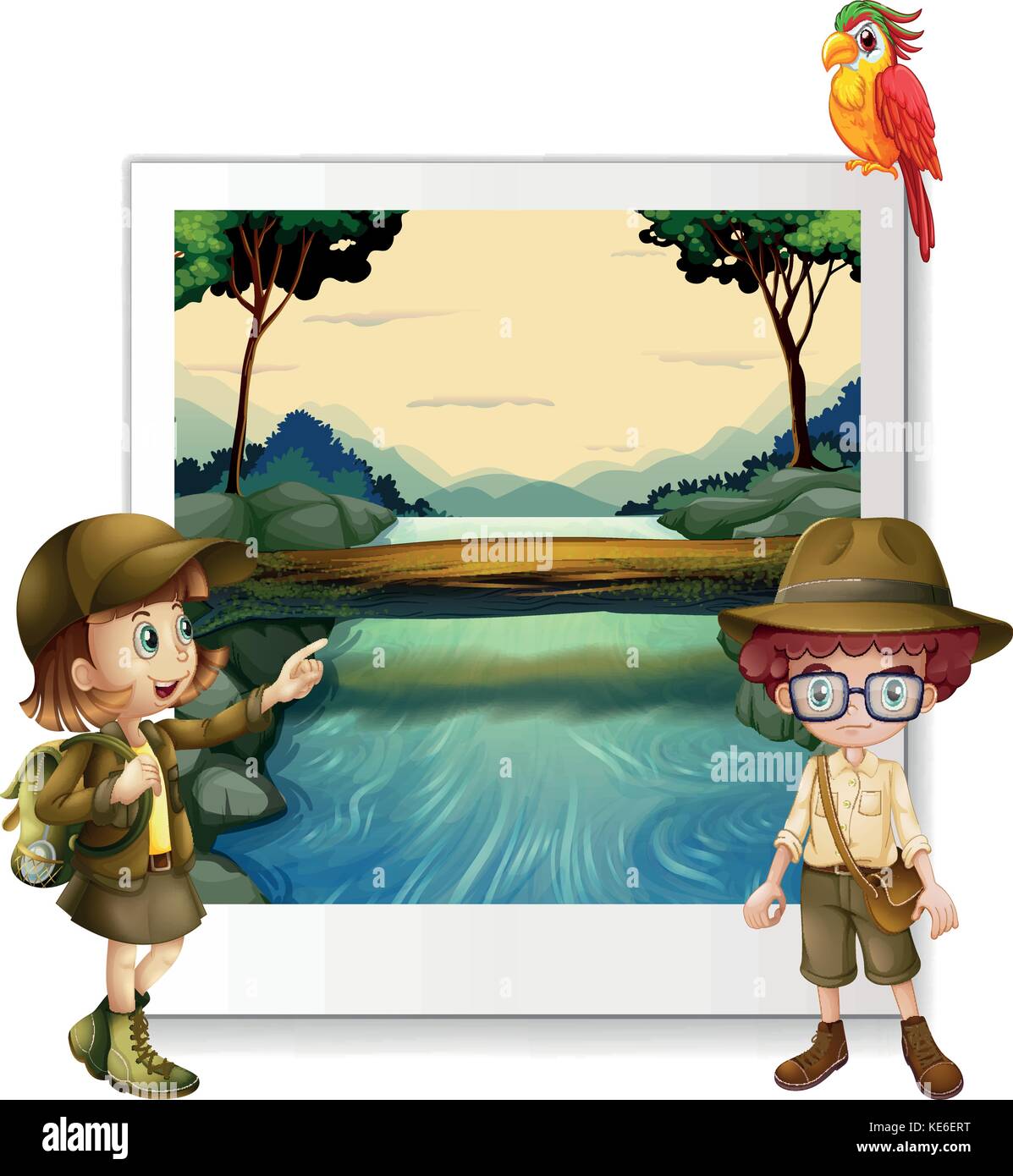 Boy and girl camping out by the river illustration Stock Vector Image ...