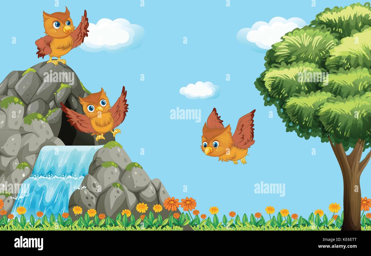 Three owls flying over waterfall illustration Stock Vector Image & Art ...