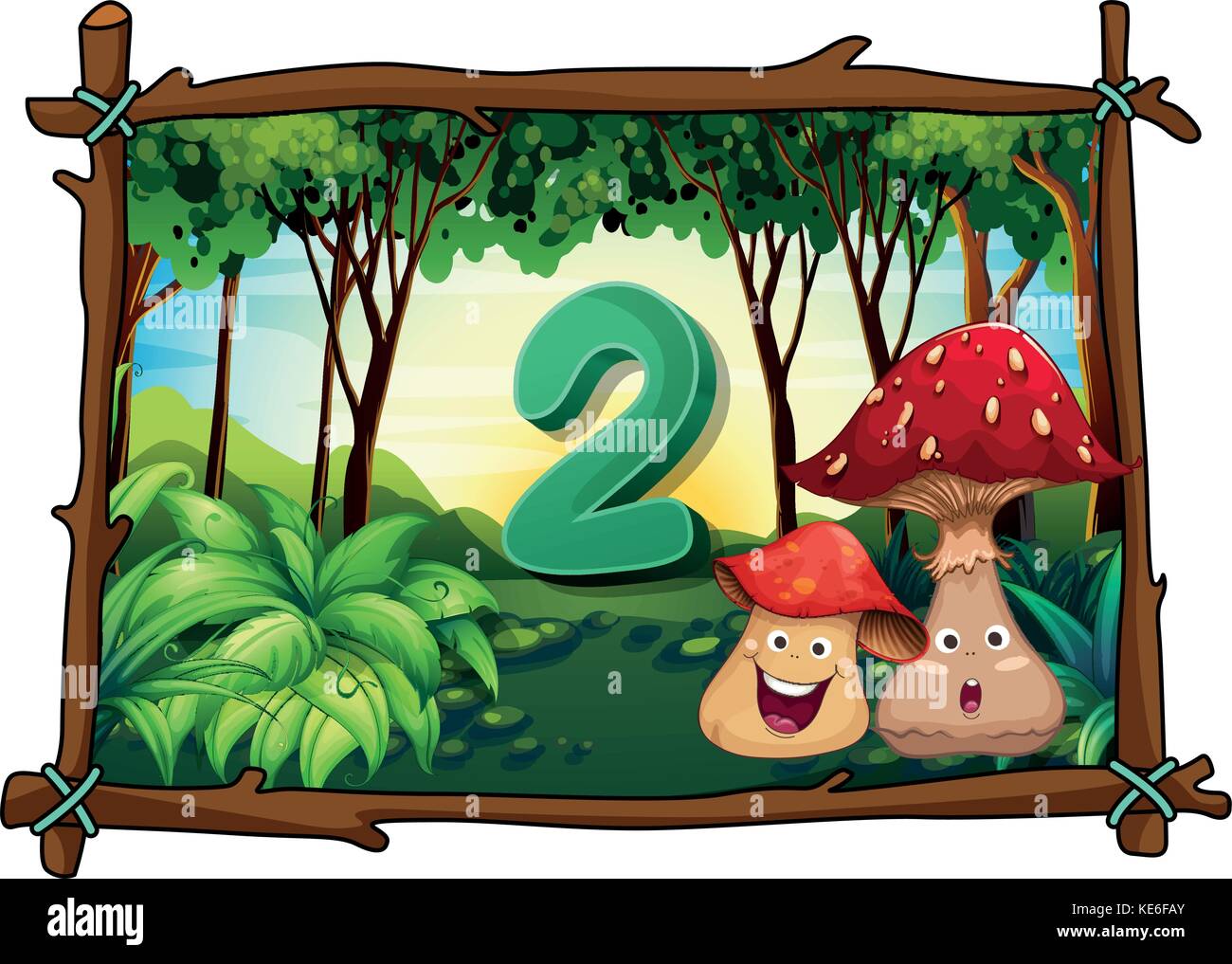Number two with 2 mushrooms in the forest illustration Stock Vector