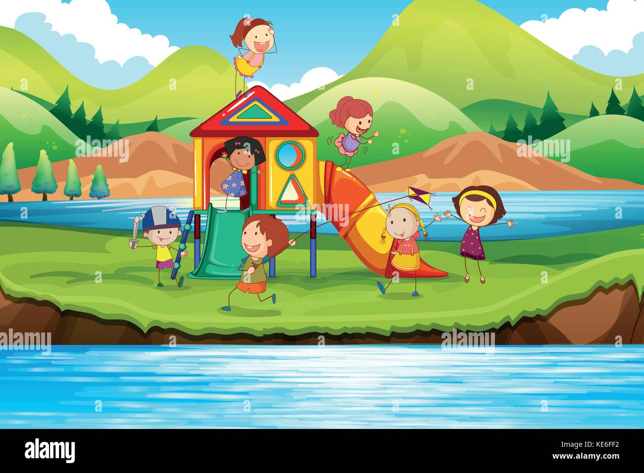 Children playing slide in the park illustration Stock Vector Image ...