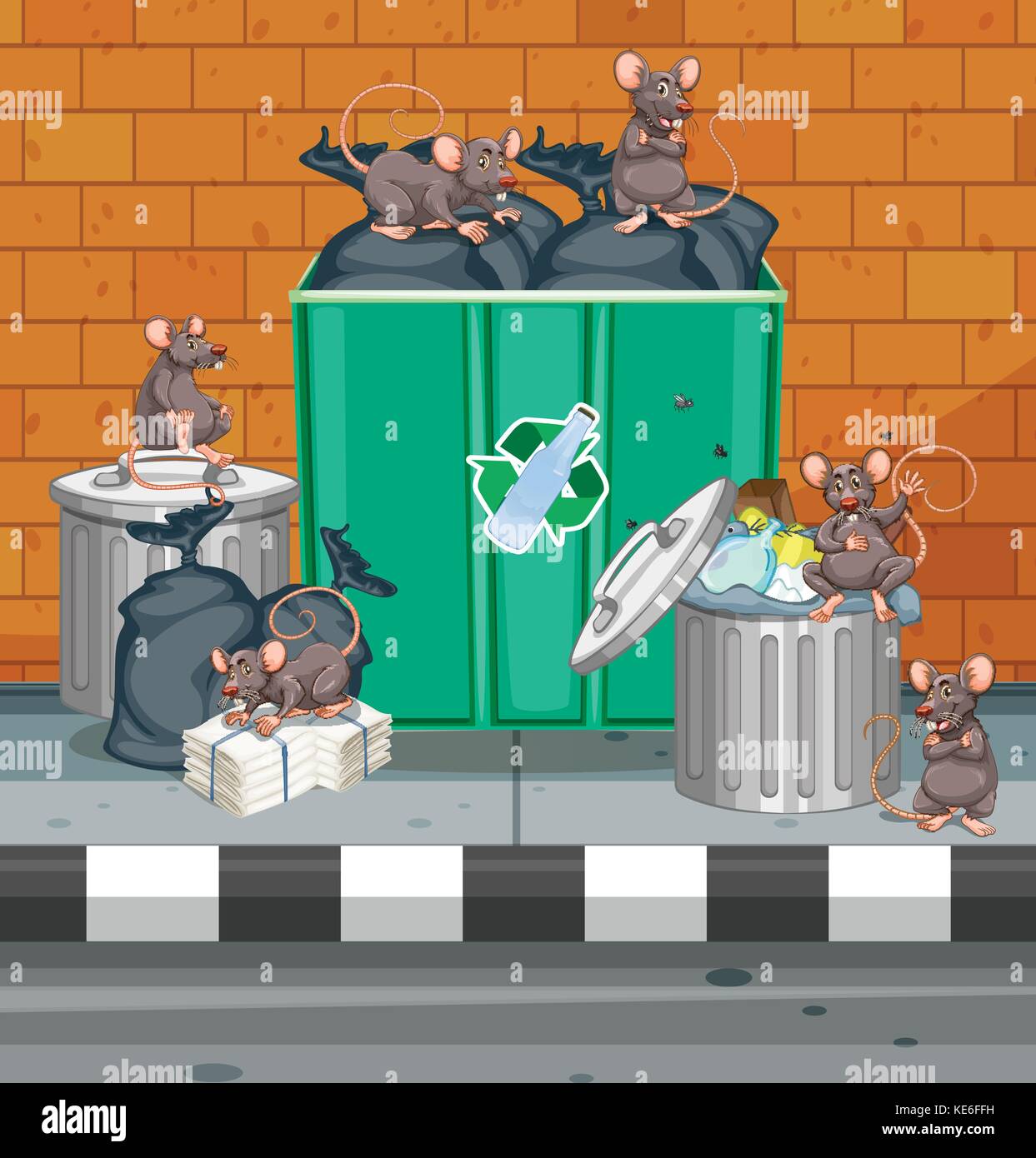 Dirty rats all over trashcans illustration Stock Vector