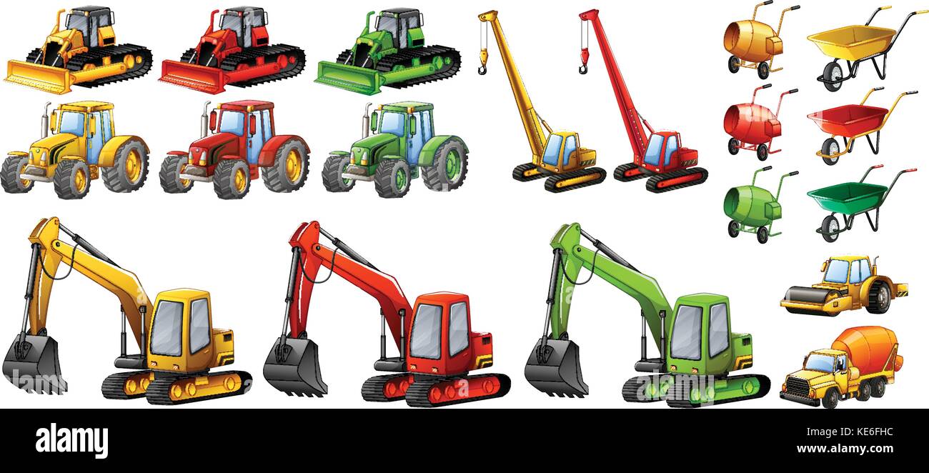 Different tractors and construction equipment illustration Stock Vector