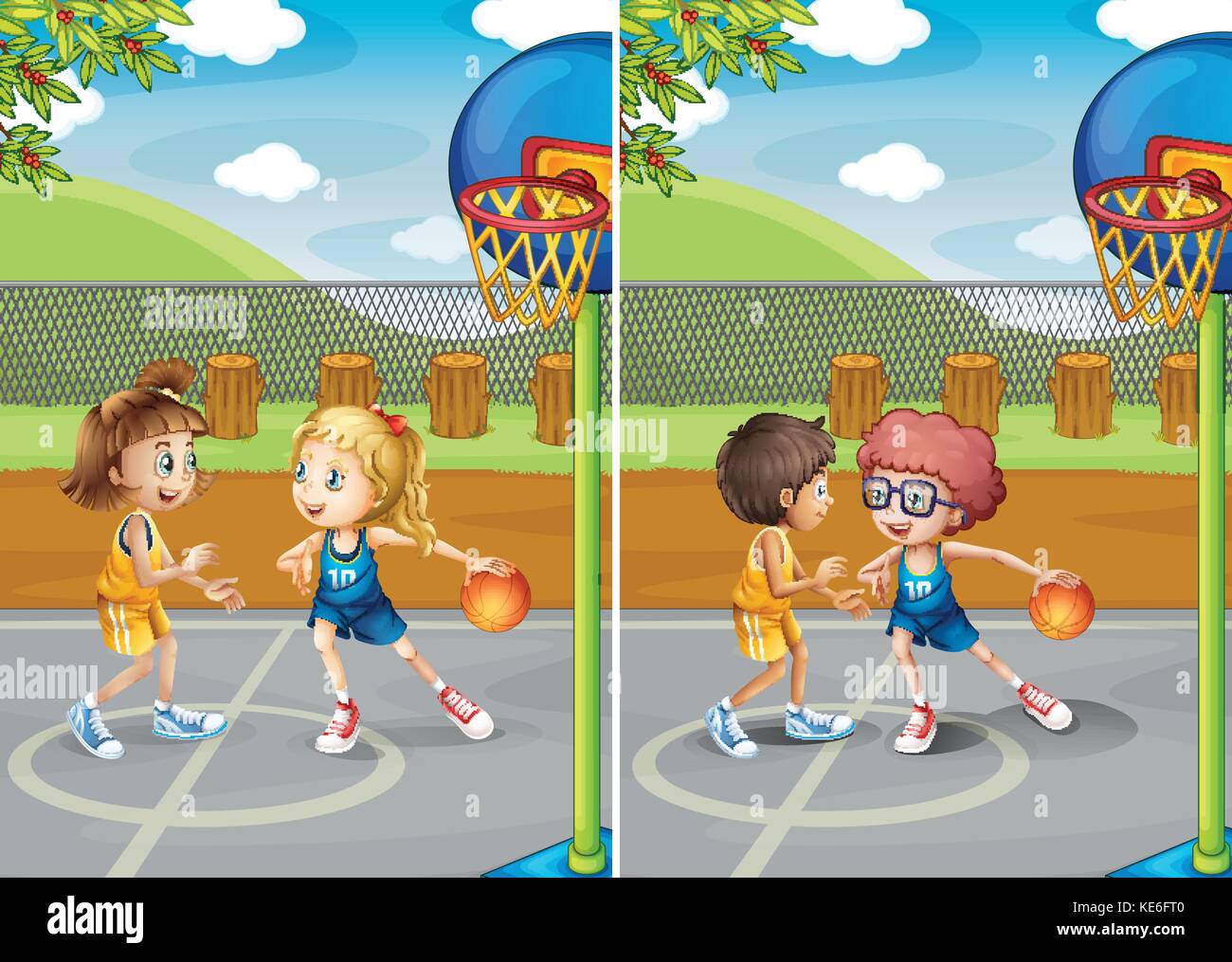 Boys and girls playing basketball illustration Stock Vector