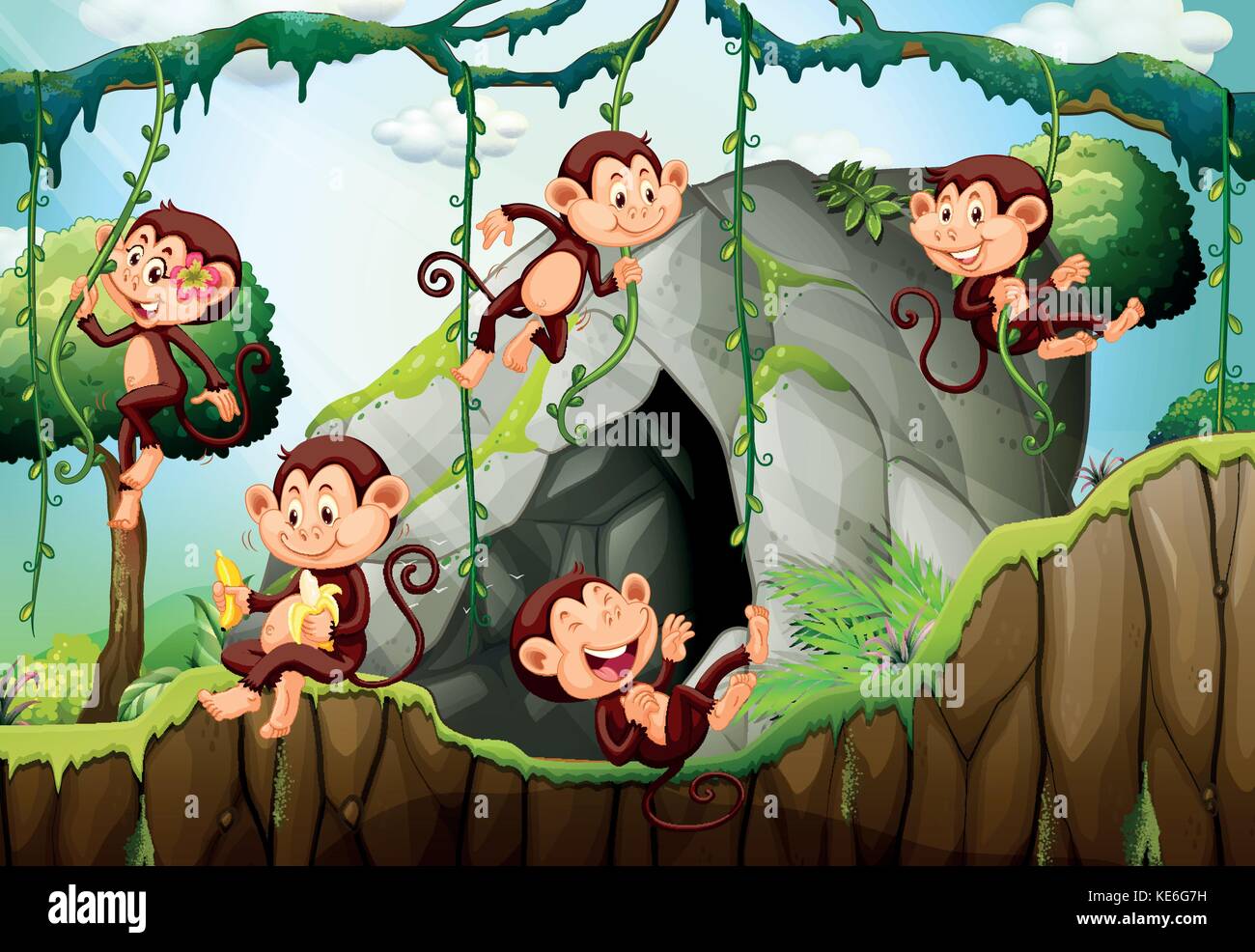 Five monkeys living in the forest illustration Stock Vector Image & Art ...