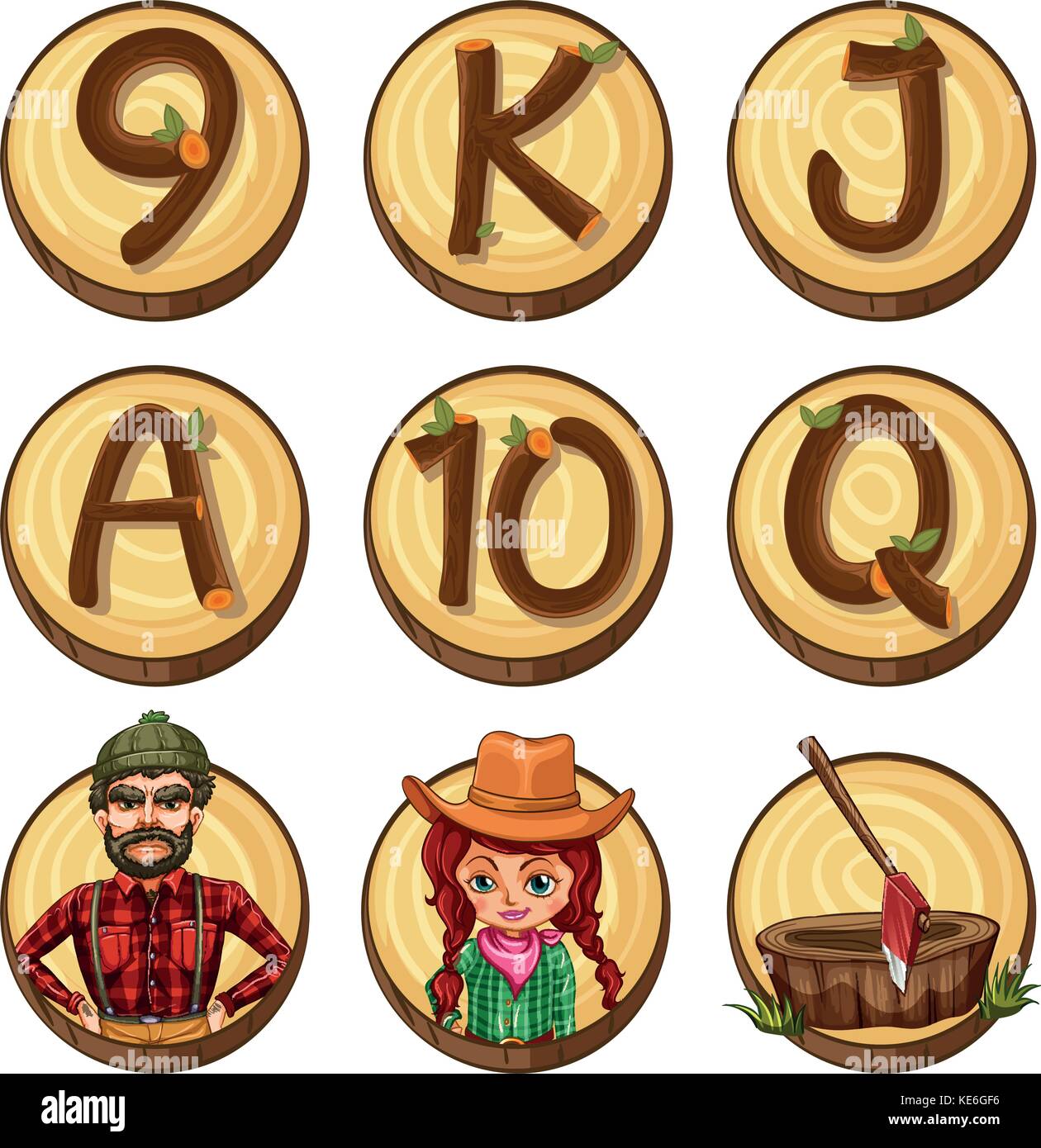Lumber jacks and numbers on round badges illustration Stock Vector
