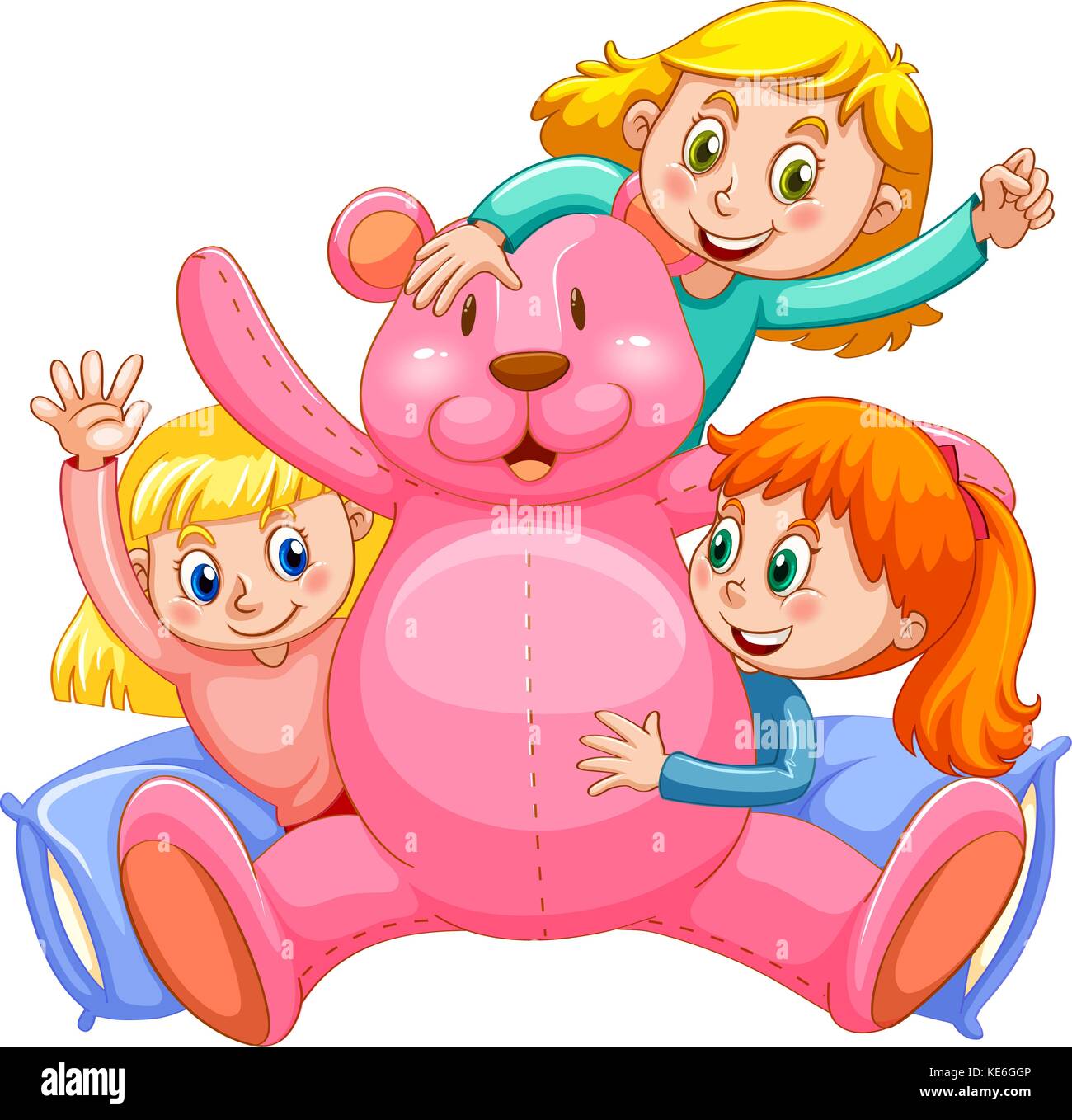 Three girls hugging pink teddy bear illustration Stock Vector Image & Art -  Alamy