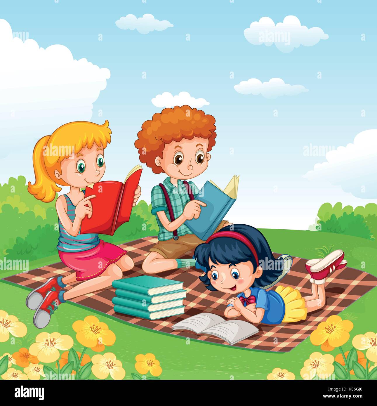 Children reading books in the park illustration Stock Vector Image