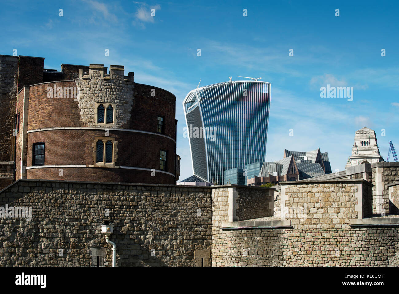 City of London modern buildings contrasting with old buildings photographed from Tower Bridge, London England. Oct 2017 Seen here 20 Fenchurch Street  Stock Photo
