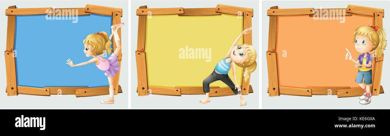 Wooden Frame Design With Girls And Yoga Illustration Stock Vector Image Art Alamy