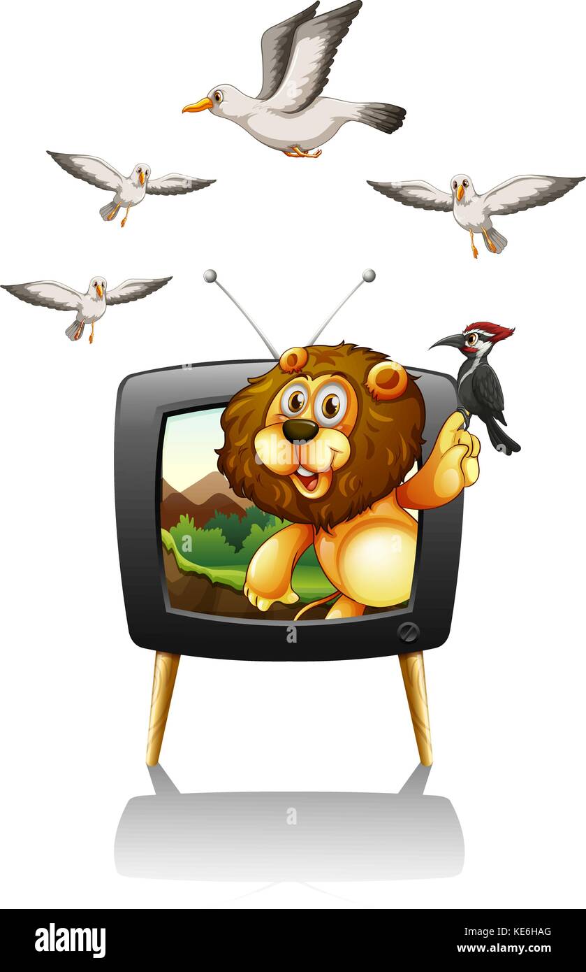 Lion and birds on television screen illustration Stock Vector