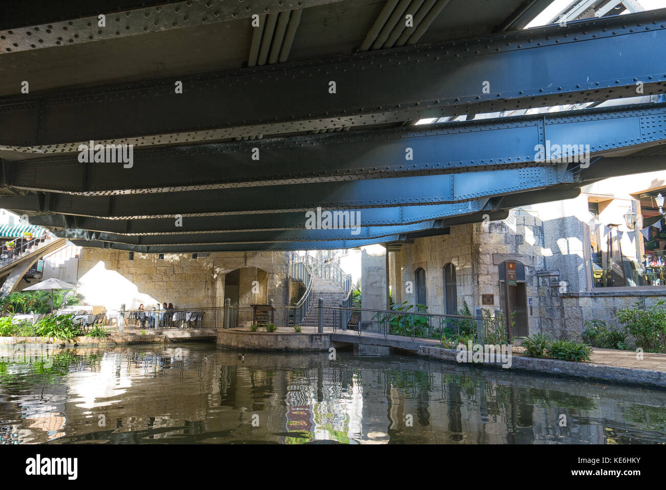 January 8, 2016 San Antonio: the river walk crossing under a bridge in the downtown area Stock Photo