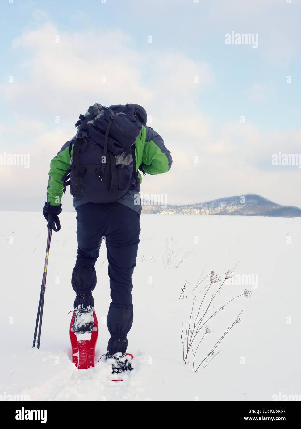 Man cleaning snowshoe. Hiker in green gray winter jacket and black