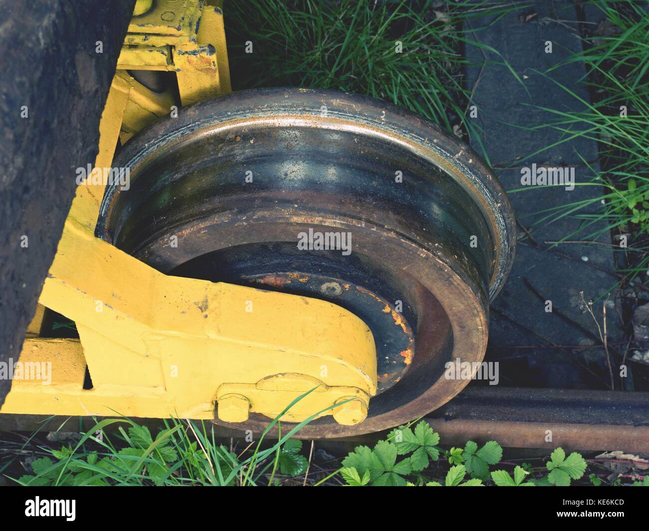 Wheel from a vintage cargo wagon. Old railway wagon of train