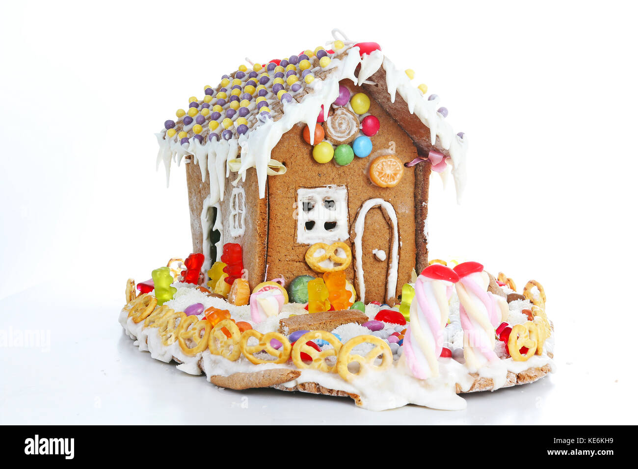 Gingerbread candy sugar house. Fairy tail candy house covered with snow
