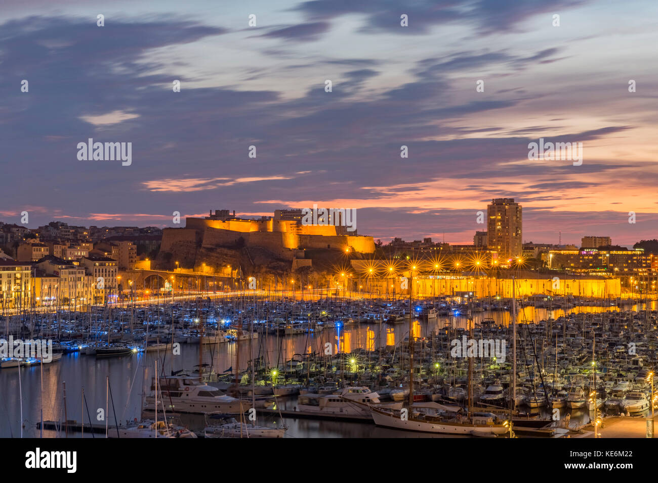 MARSEILLE, FRANCE - OCTOBER 02, 2017: Evening view of the old port of Marseille and Fort Saint-Nicolas Stock Photo