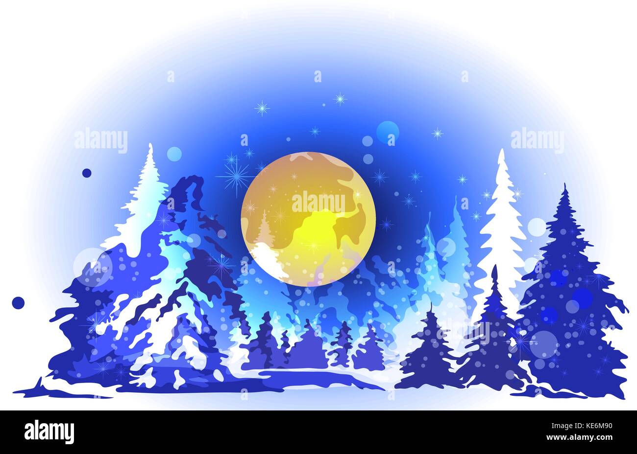 Winter forest, big moon, high spruce, night Stock Vector