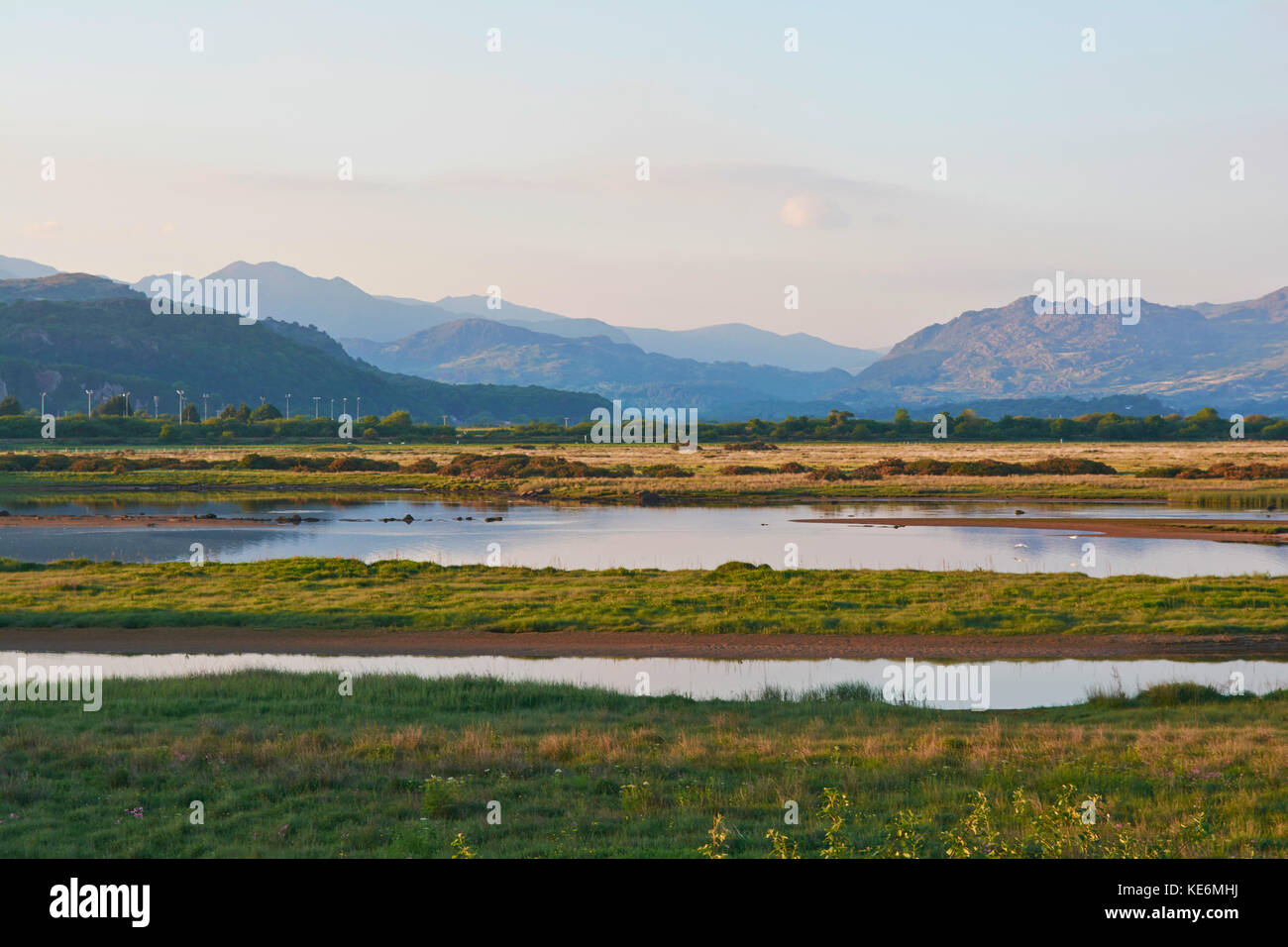 Snowdonia Mountains from the Cob Porthmadog, Wales, UK Stock Photo