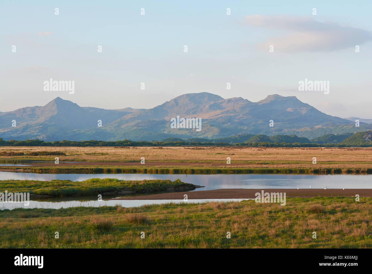 Snowdonia Mountains from the Cob Porthmadog, Wales, UK Stock Photo