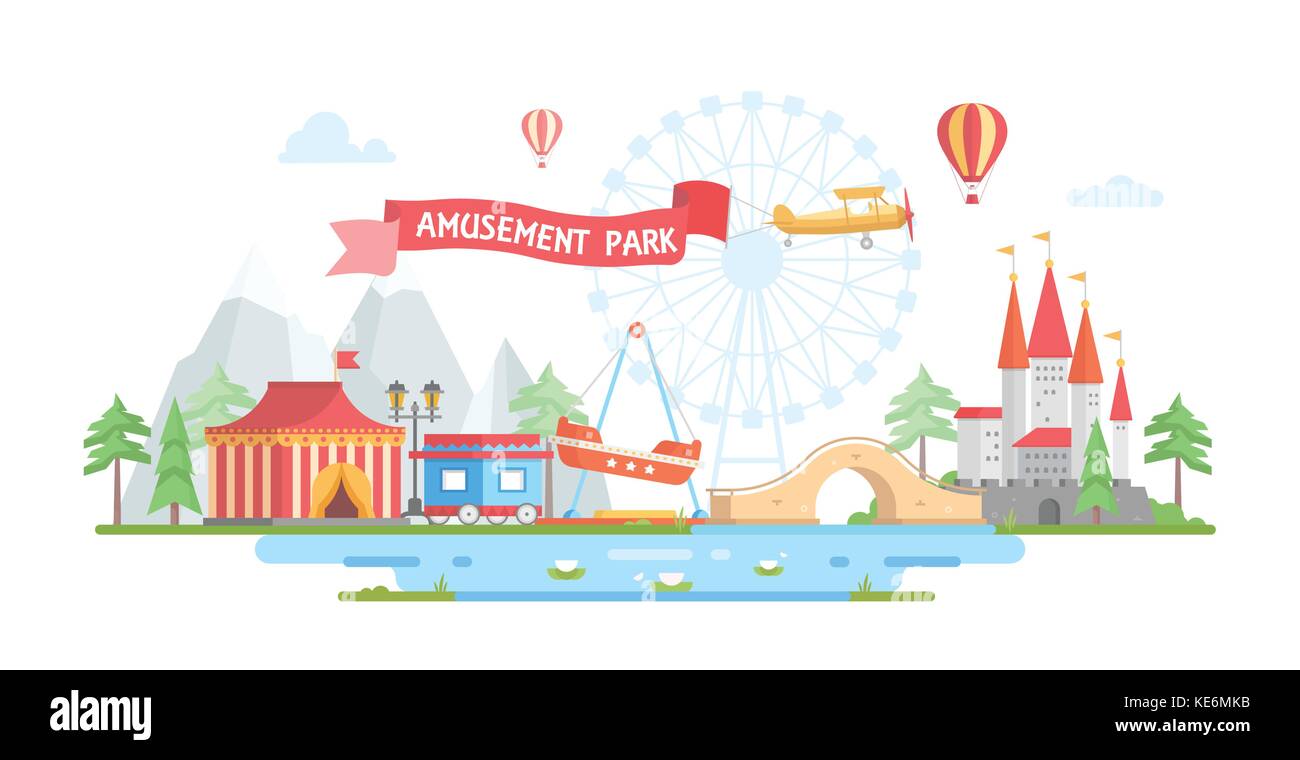 City with amusement park - modern flat design style vector illustration ...