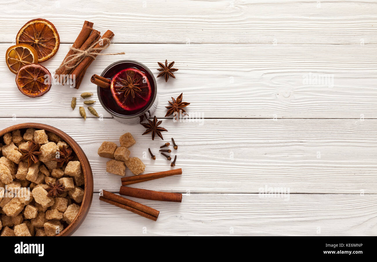 ingredients for mulled wine on white wooden table Stock Photo