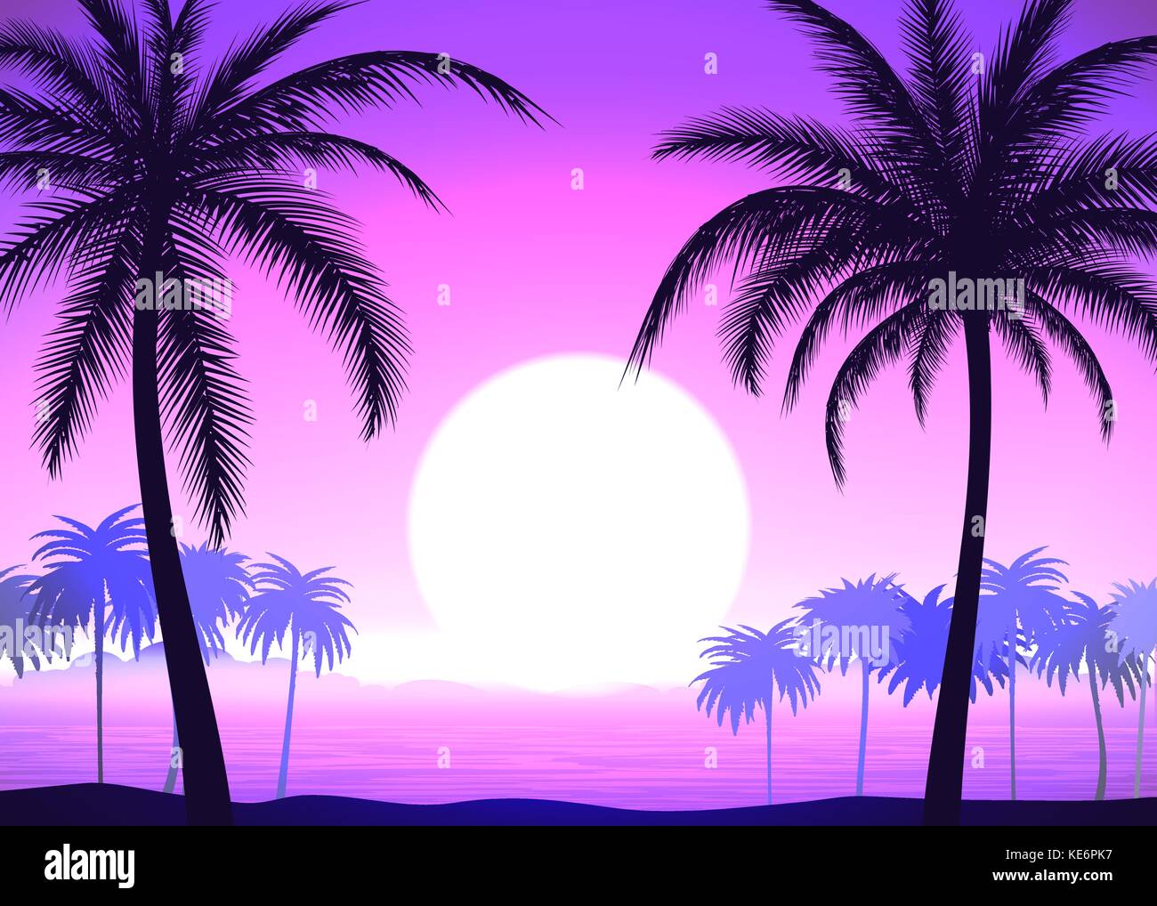 Palm trees on pink gradient tropical sunrise Stock Vector